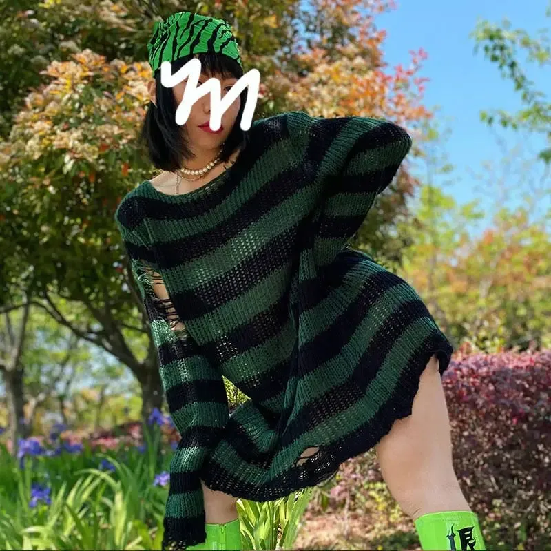 Striped Gothic Pullover Ripped Sweaters