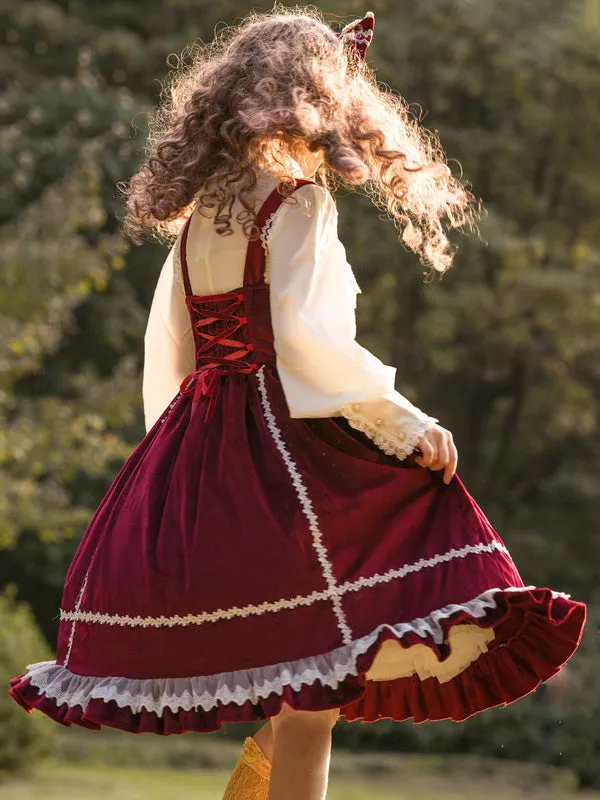 Sweet Lolita JSK Dress Fairytale Infanta Sleeveless Lace Burgundy Lolita Jumper Skirts