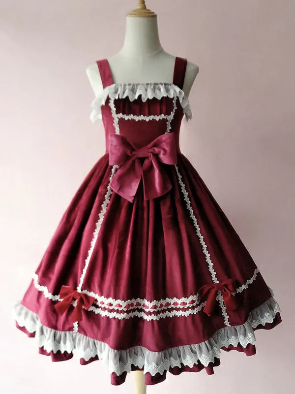 Sweet Lolita JSK Dress Fairytale Infanta Sleeveless Lace Burgundy Lolita Jumper Skirts