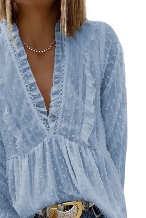 Swiss Dot Long Deep V Neck Pleated Sleeve Top