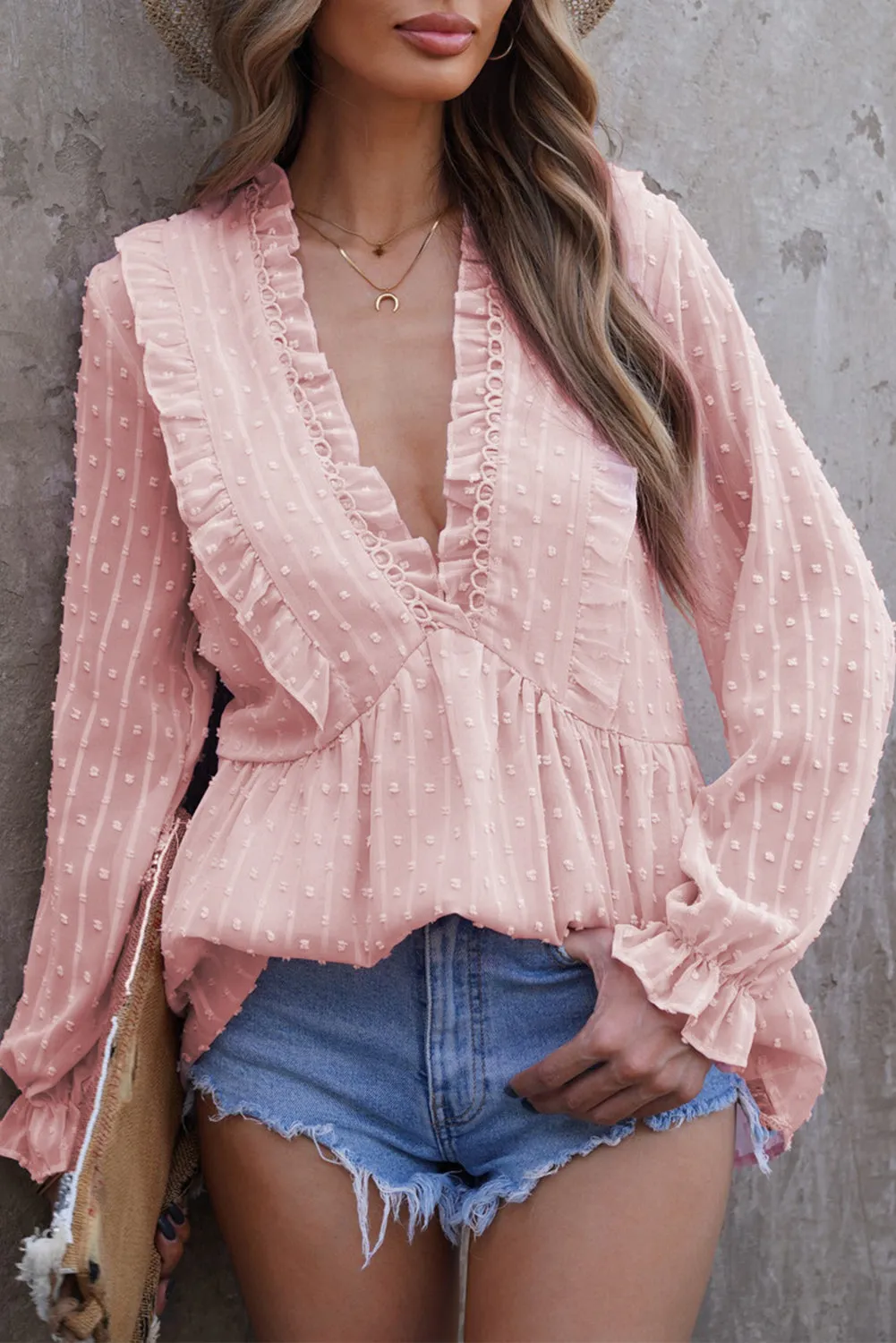 Swiss Dot Long Deep V Neck Pleated Sleeve Top