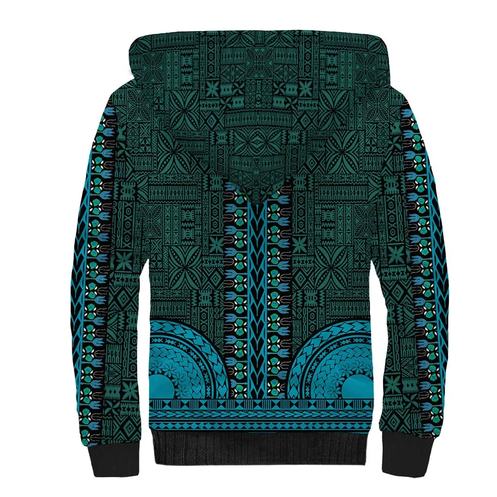 Teal Dashiki and Tapa Pattern Sherpa Hoodie Africa-Polynesia Together Culture LT9