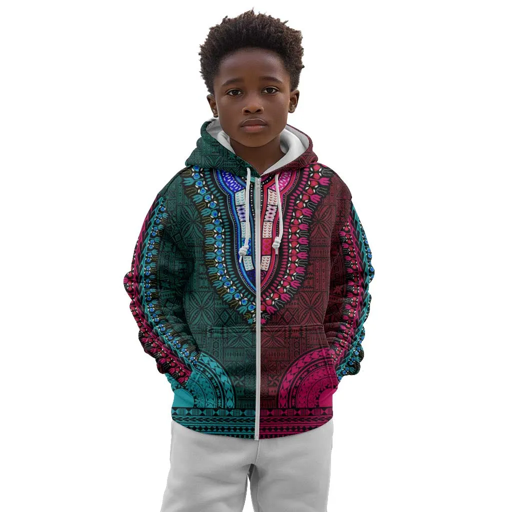 Teal-pink Dashiki and Tapa Pattern Kid Hoodie Africa-Polynesia Together Culture LT9