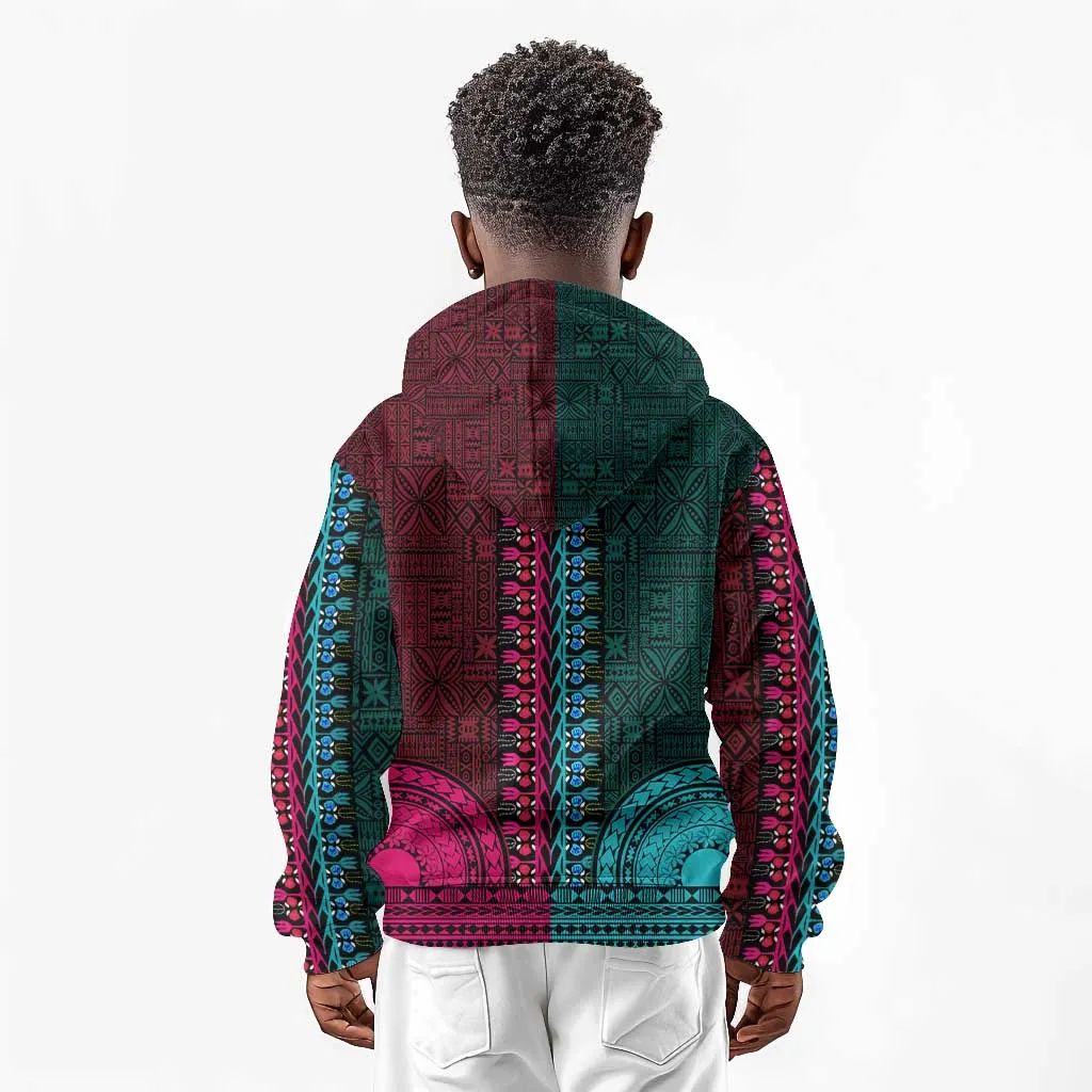 Teal-pink Dashiki and Tapa Pattern Kid Hoodie Africa-Polynesia Together Culture LT9