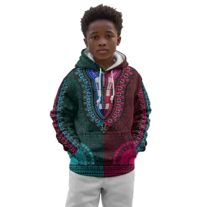 Teal-pink Dashiki and Tapa Pattern Kid Hoodie Africa-Polynesia Together Culture LT9