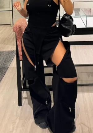Trendy Patchwork Zipper Straight Bell Bottom Fleece Pants