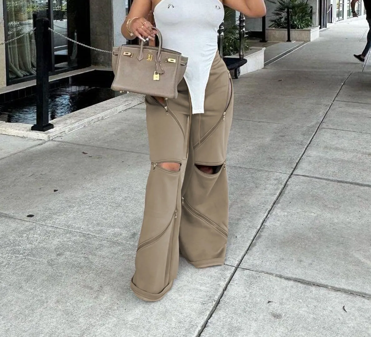 Trendy Patchwork Zipper Straight Bell Bottom Fleece Pants