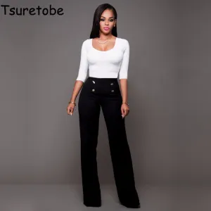 Tsuretobe 2017 High Waist Flare Pants Plus Size Women Trousers Female Office Lady Casual Wide Leg Pants Stretch Long Pant