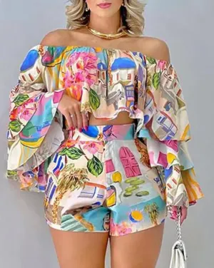 Two Piece Womens Spring Graphic Print Off Shoulder Bell Sleeve Crop Top & Casual Shorts Set