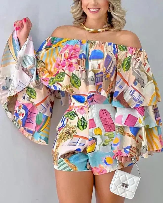 Two Piece Womens Spring Graphic Print Off Shoulder Bell Sleeve Crop Top & Casual Shorts Set