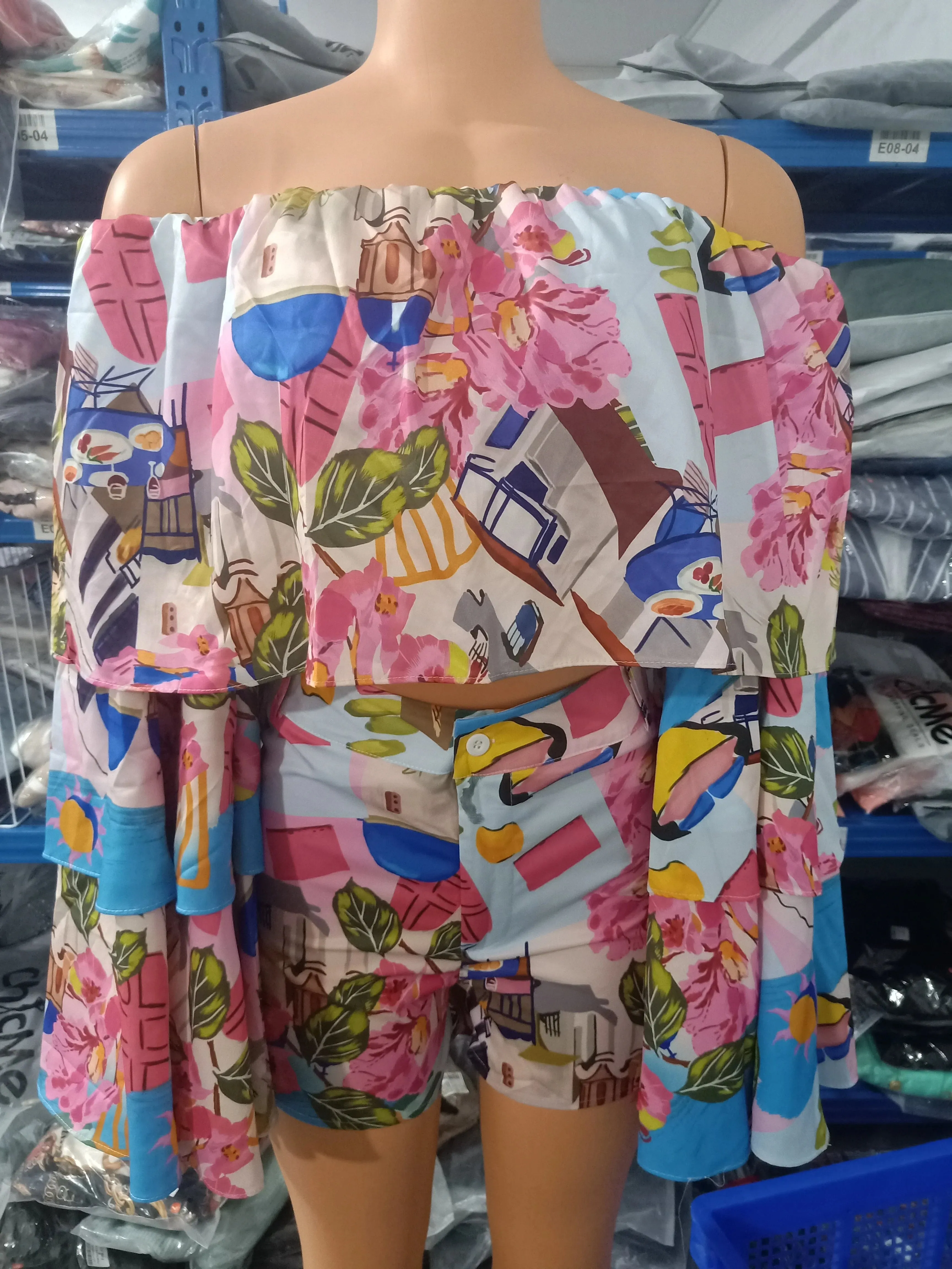 Two Piece Womens Spring Graphic Print Off Shoulder Bell Sleeve Crop Top & Casual Shorts Set