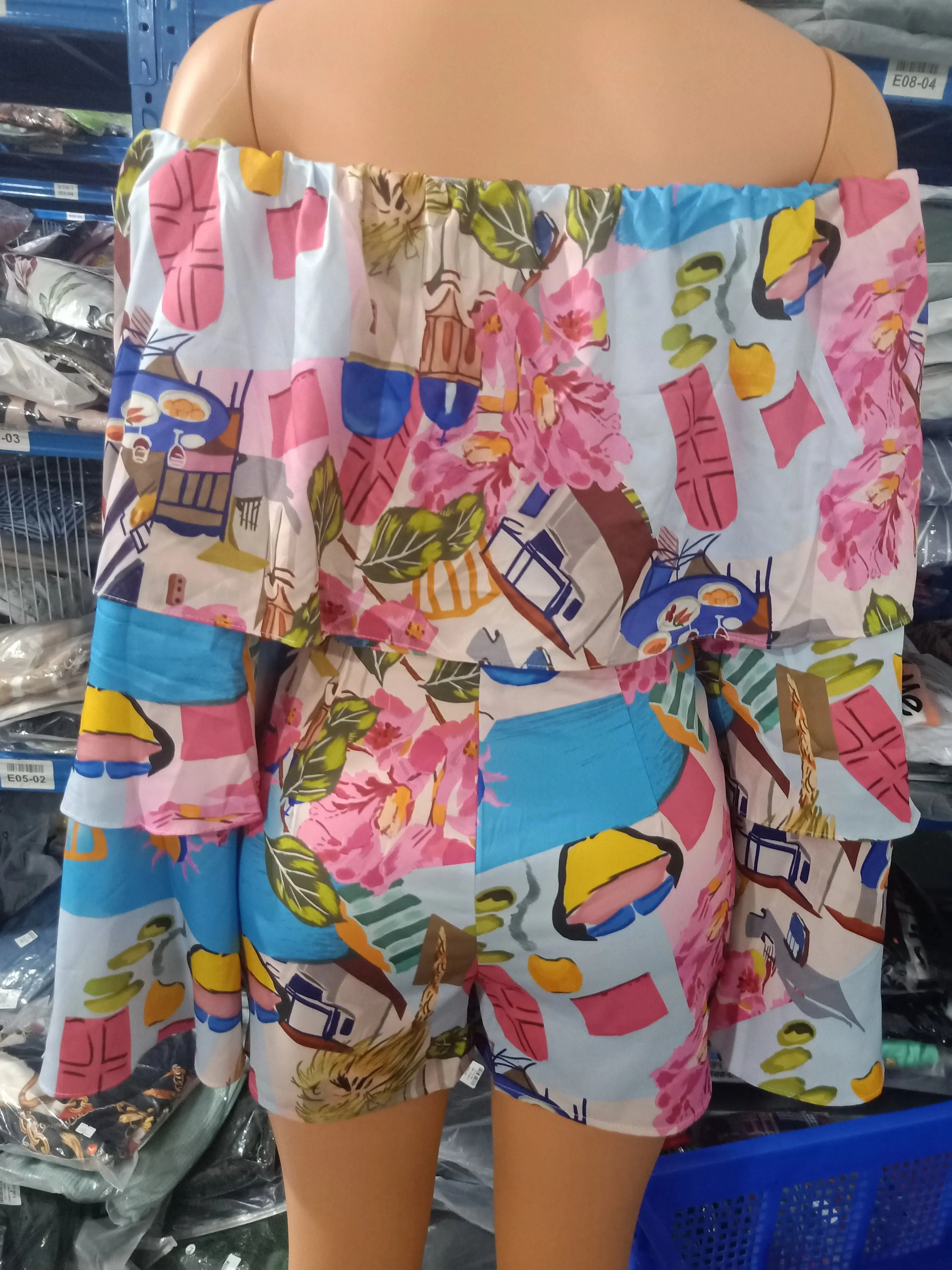 Two Piece Womens Spring Graphic Print Off Shoulder Bell Sleeve Crop Top & Casual Shorts Set