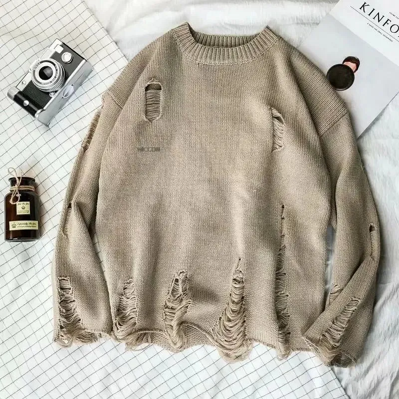 Unisex Streetwear Ripped Knit Sweater | Oversized Hip Hop Pullover | Casual Fashion Jumper for Men & Women