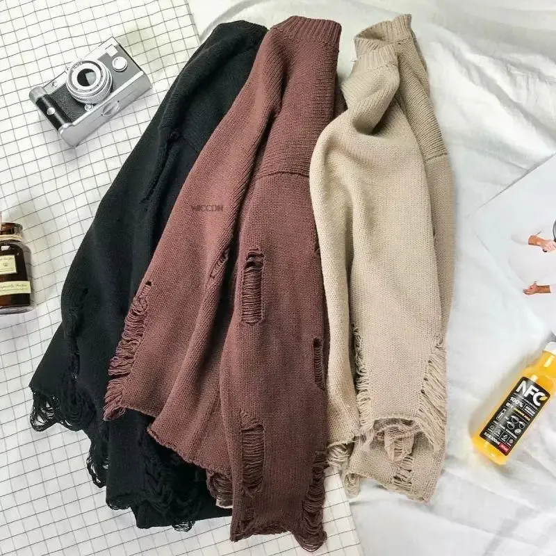 Unisex Streetwear Ripped Knit Sweater | Oversized Hip Hop Pullover | Casual Fashion Jumper for Men & Women