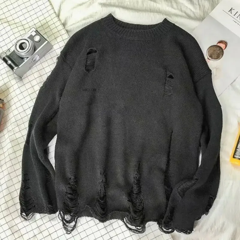 Unisex Streetwear Ripped Knit Sweater | Oversized Hip Hop Pullover | Casual Fashion Jumper for Men & Women