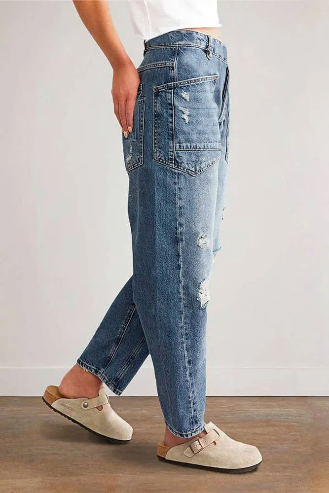 UNISHE - Blue Ripped Straight Jeans XYK044: Blue / L