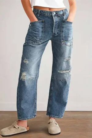 UNISHE - Blue Ripped Straight Jeans XYK044: Blue / L
