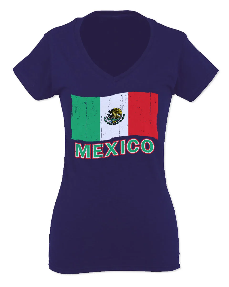 VICES AND VIRTUESS Distressed Bandera Mexico Mexican Flag Coat of arms For Women V neck fitted T Shirt