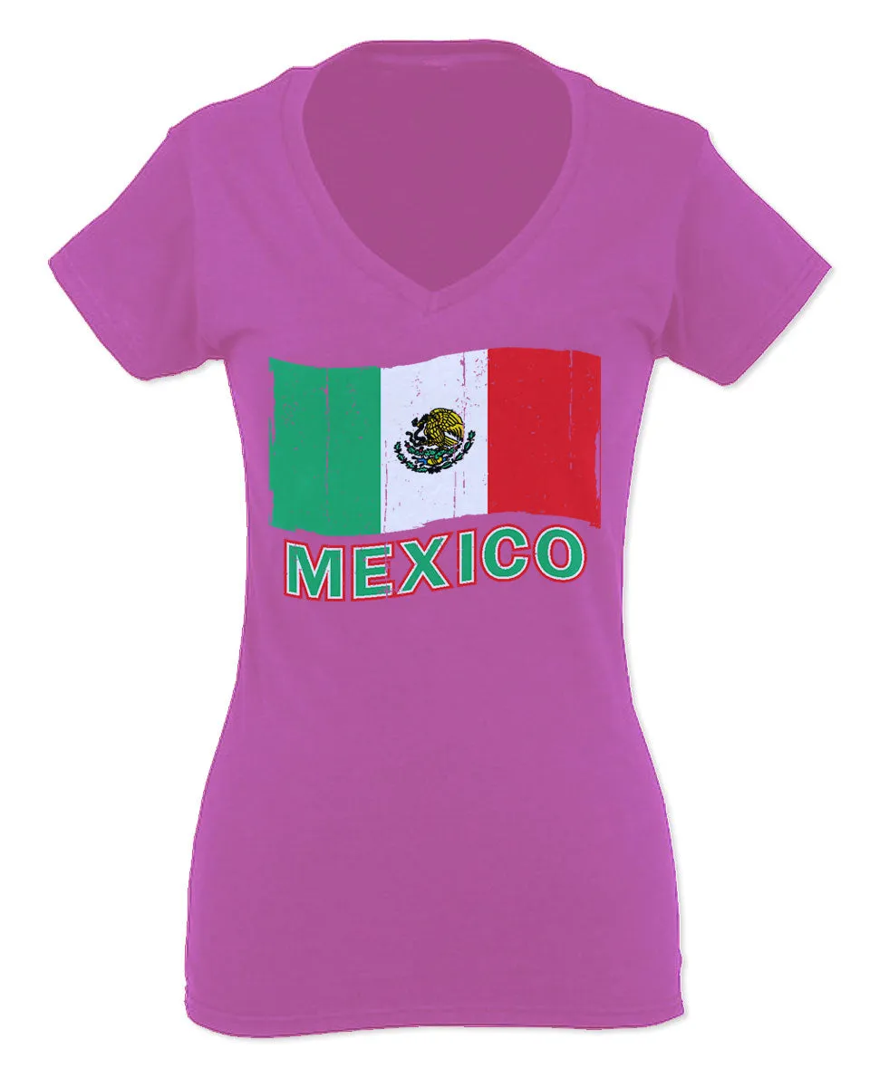 VICES AND VIRTUESS Distressed Bandera Mexico Mexican Flag Coat of arms For Women V neck fitted T Shirt