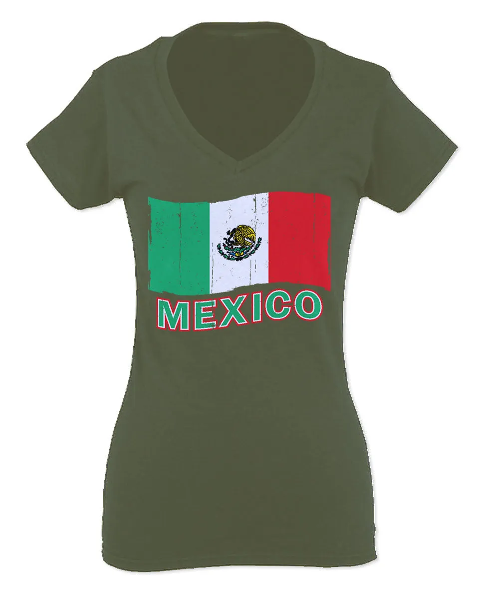 VICES AND VIRTUESS Distressed Bandera Mexico Mexican Flag Coat of arms For Women V neck fitted T Shirt