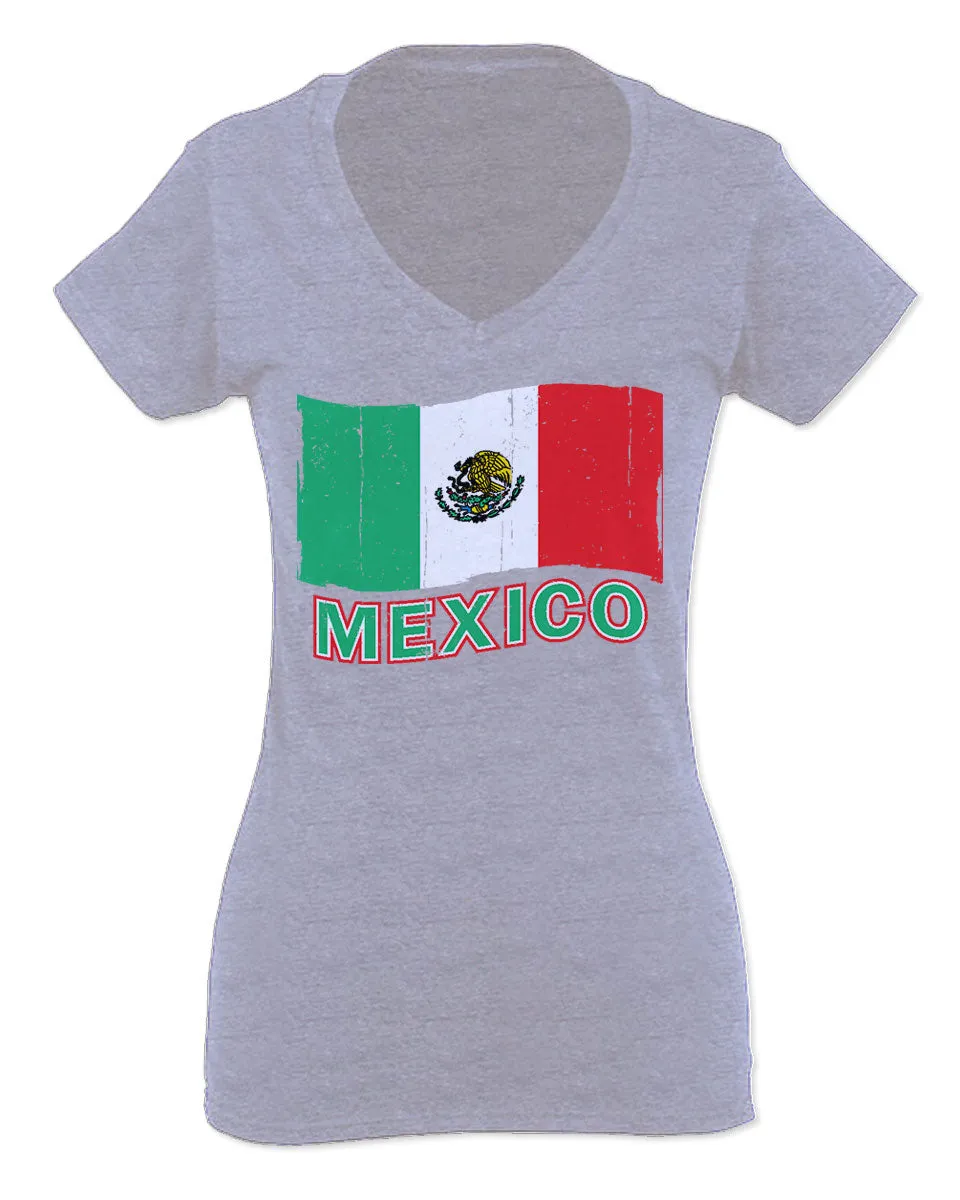 VICES AND VIRTUESS Distressed Bandera Mexico Mexican Flag Coat of arms For Women V neck fitted T Shirt