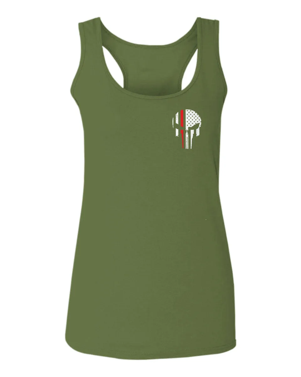 VICES AND VIRTUESS Front Skull Back Flag Thin Red Line USA Firefighter Support  women's Tank Top sleeveless Racerback