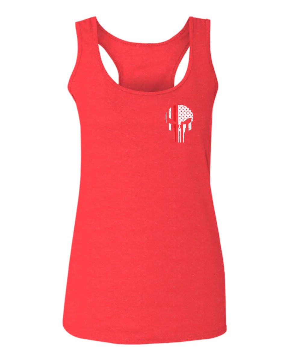 VICES AND VIRTUESS Front Skull Back Flag Thin Red Line USA Firefighter Support  women's Tank Top sleeveless Racerback