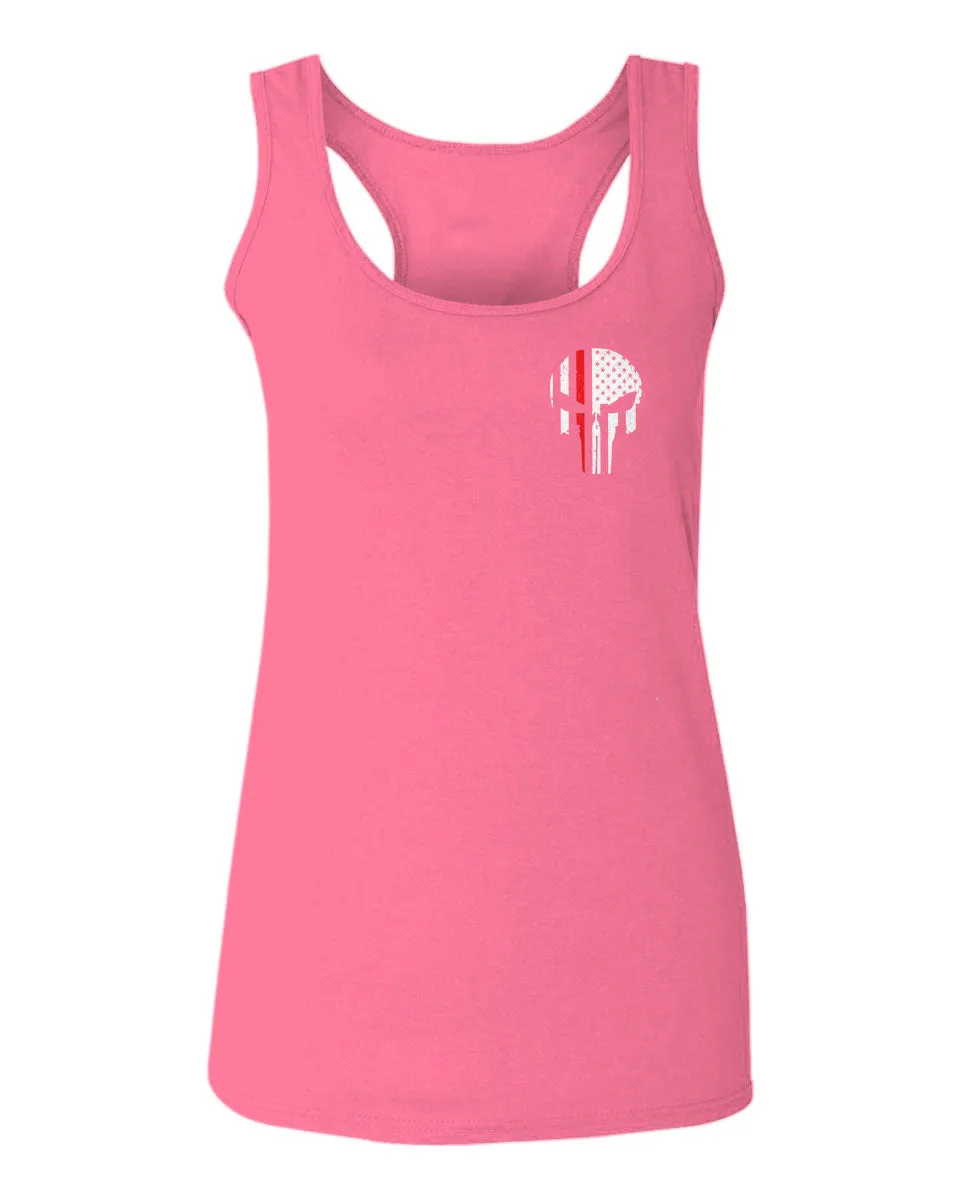 VICES AND VIRTUESS Front Skull Back Flag Thin Red Line USA Firefighter Support  women's Tank Top sleeveless Racerback