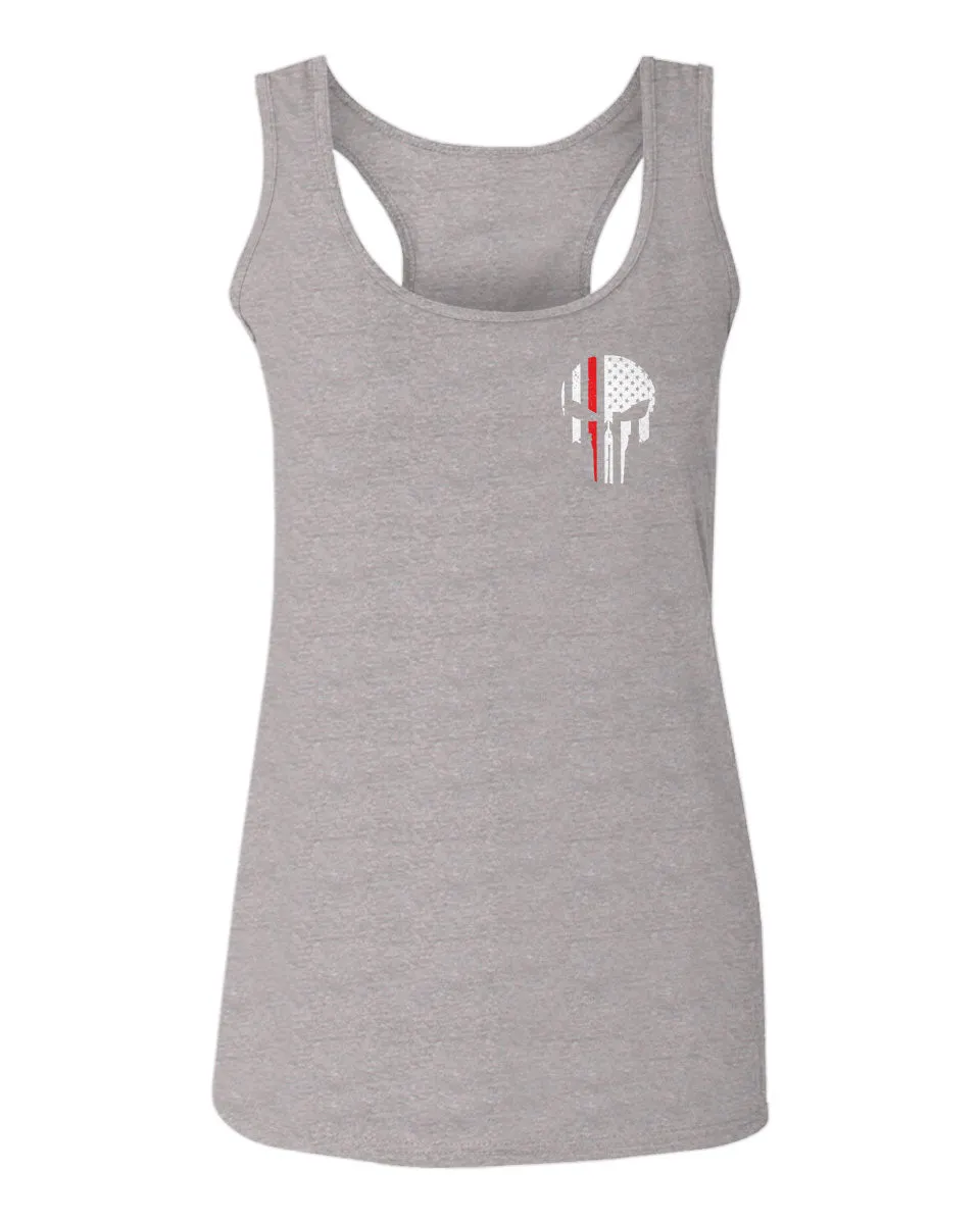 VICES AND VIRTUESS Front Skull Back Flag Thin Red Line USA Firefighter Support  women's Tank Top sleeveless Racerback