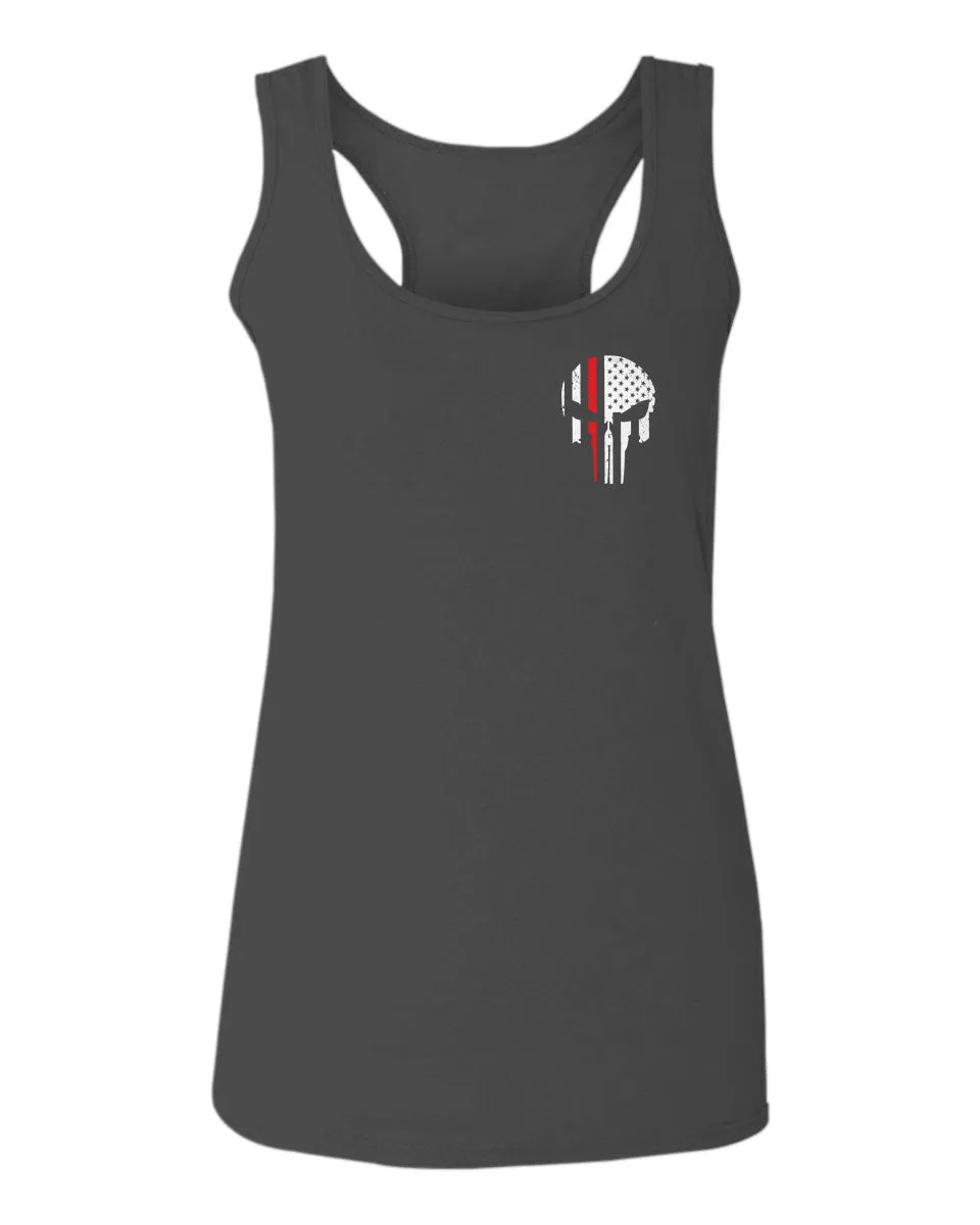 VICES AND VIRTUESS Front Skull Back Flag Thin Red Line USA Firefighter Support  women's Tank Top sleeveless Racerback