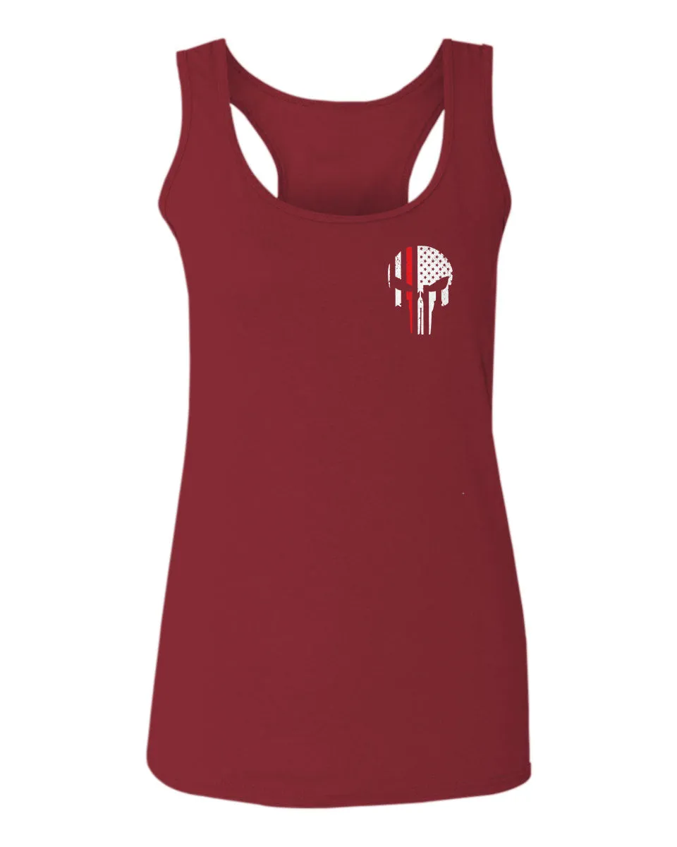VICES AND VIRTUESS Front Skull Back Flag Thin Red Line USA Firefighter Support  women's Tank Top sleeveless Racerback