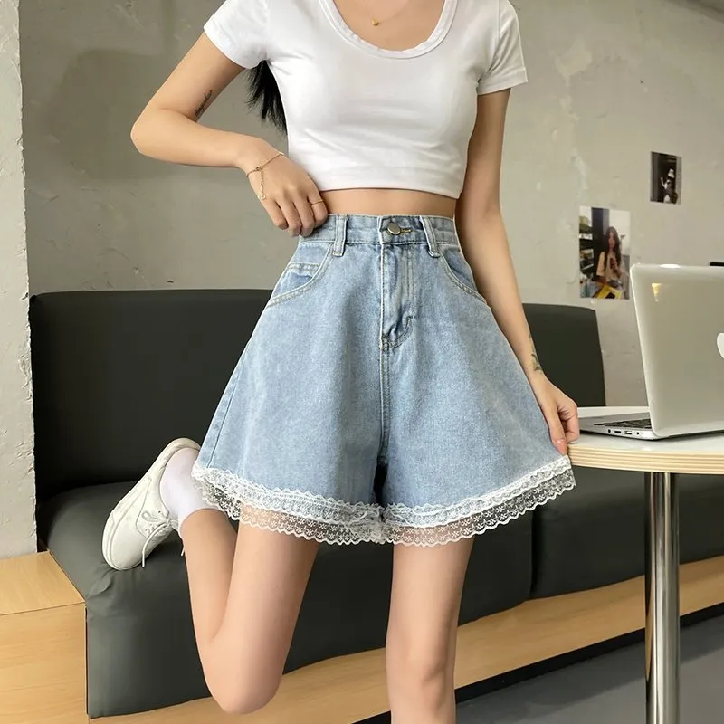 Vintage High-waisted Lace Hem Denim Shorts