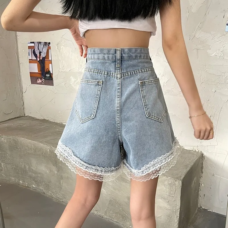 Vintage High-waisted Lace Hem Denim Shorts