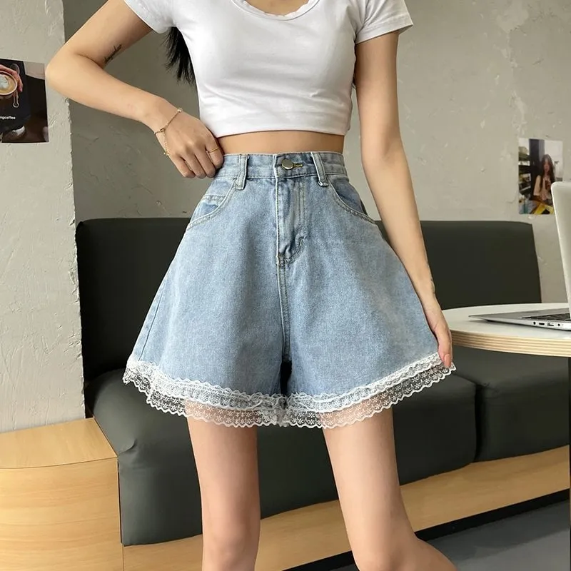 Vintage High-waisted Lace Hem Denim Shorts