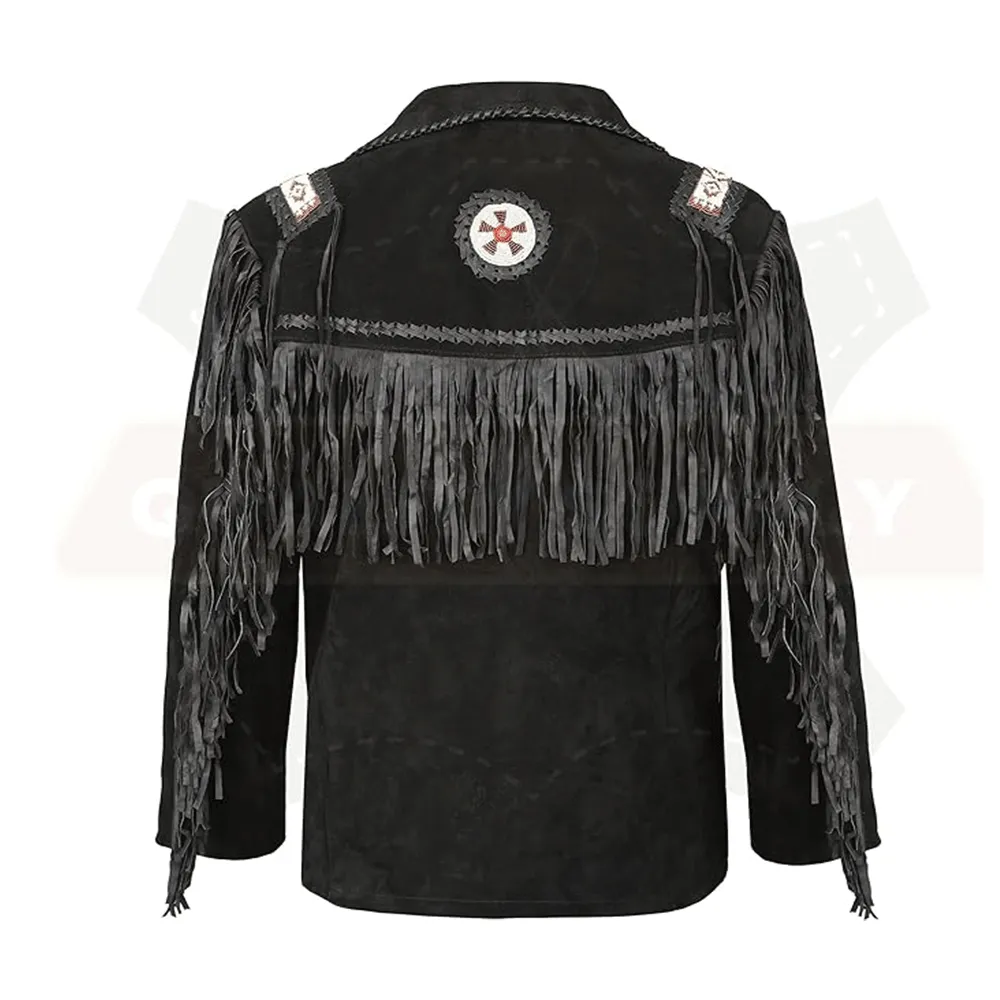 Western Black Suede Leather Fringe Beaded Jacket for Men MWJ515