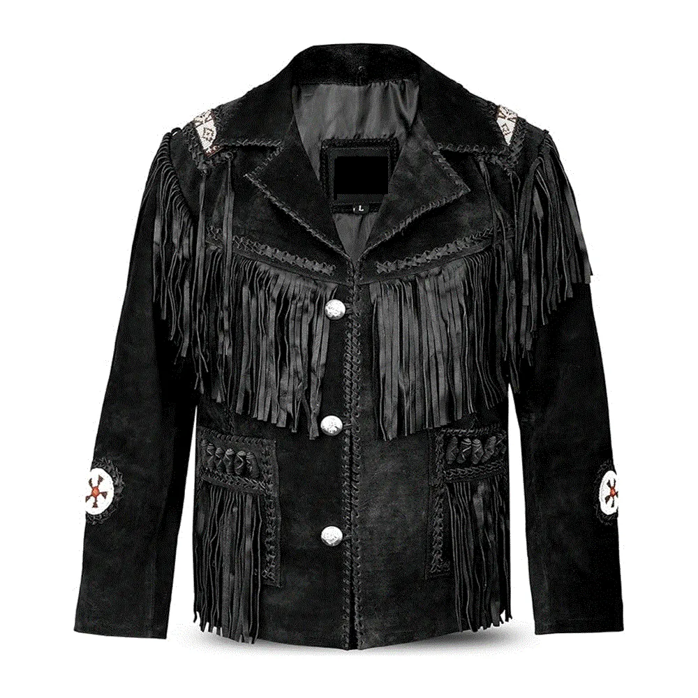 Western Black Suede Leather Fringe Beaded Jacket for Men MWJ515