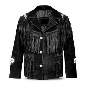 Western Black Suede Leather Fringe Beaded Jacket for Men MWJ515