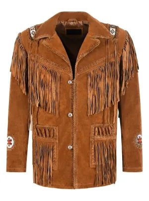 Western Fringe Brown Suede Leather Jackets for Men MWJ201