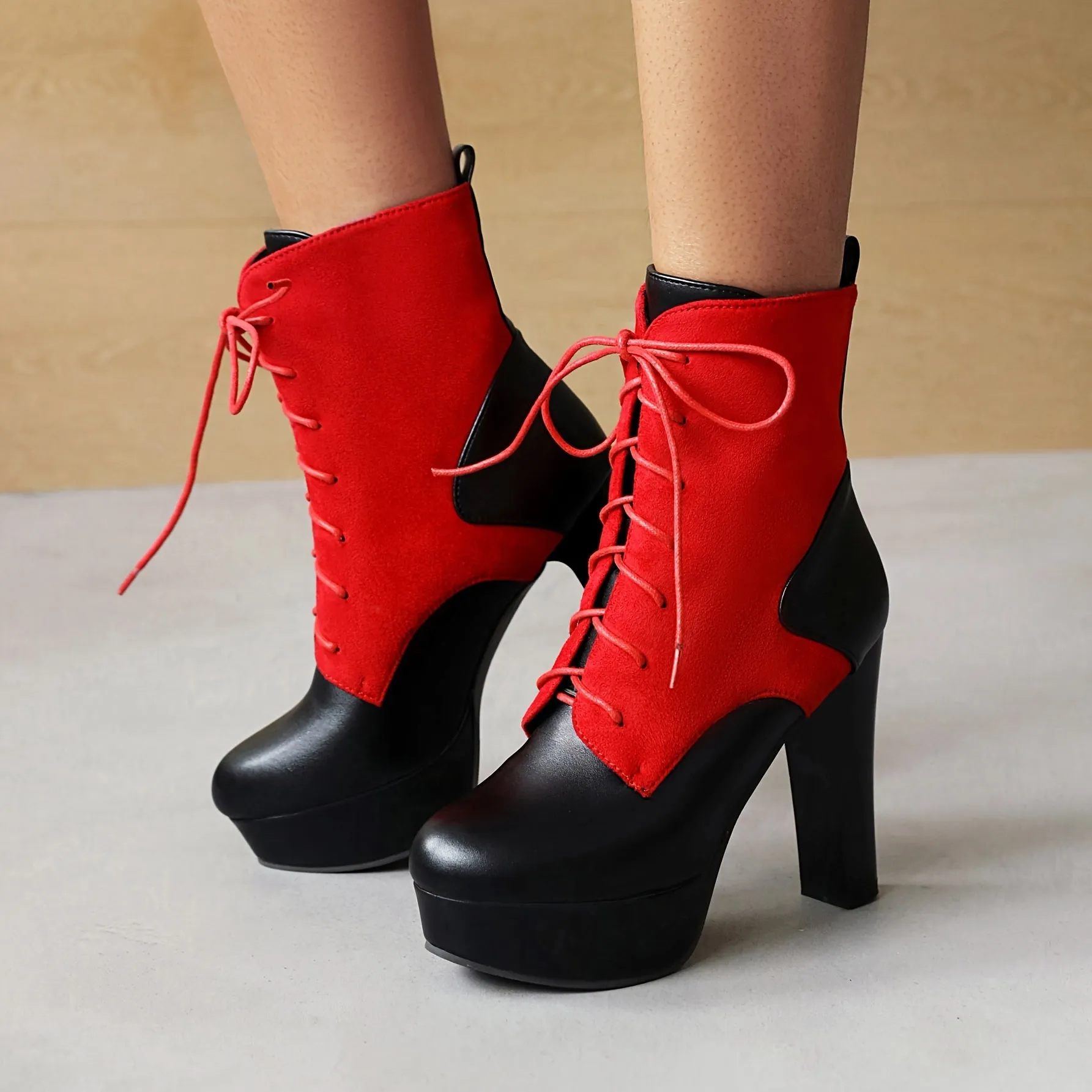 Womens Halloween LaceUp Patchwork Platform MidCalf Boots