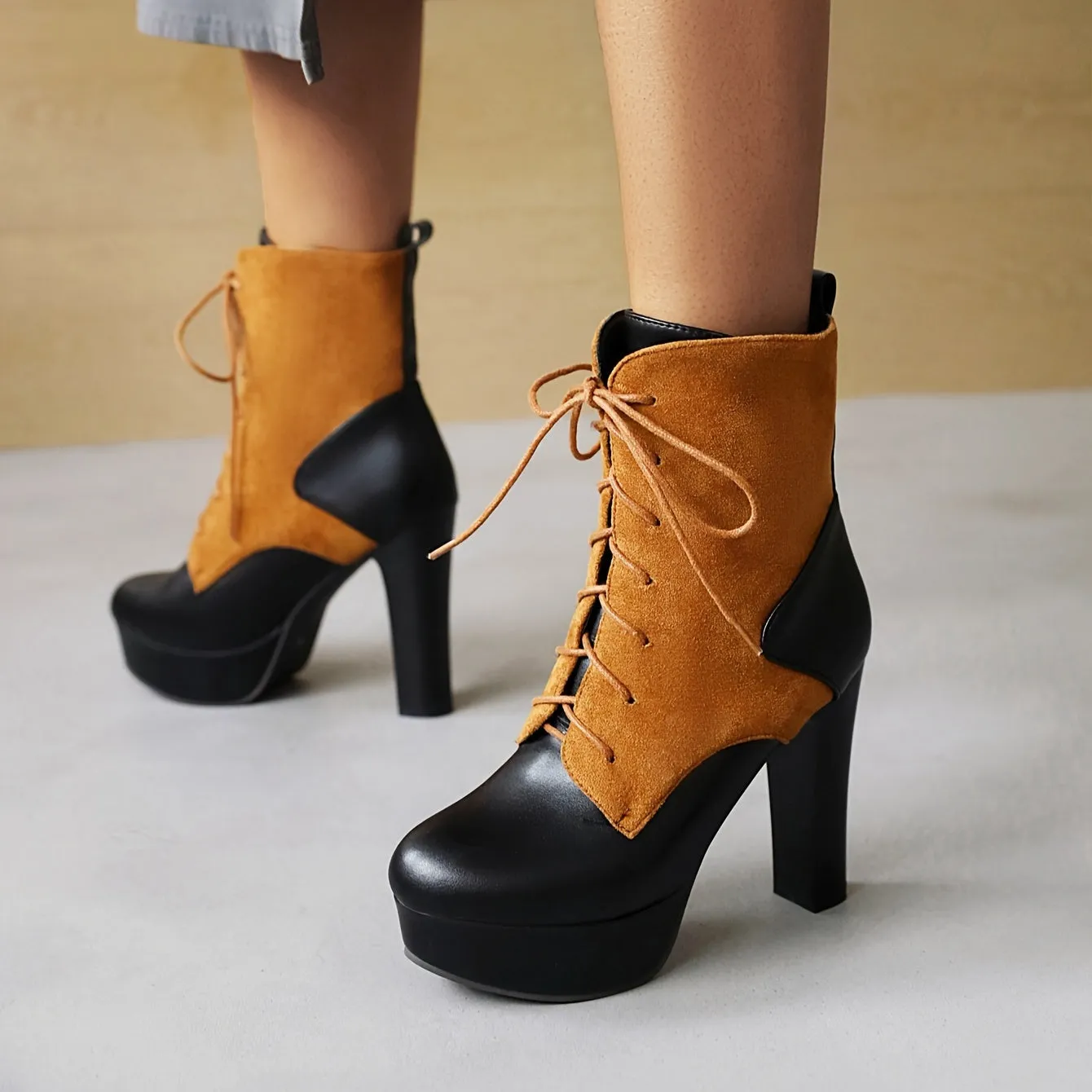 Womens Halloween LaceUp Patchwork Platform MidCalf Boots