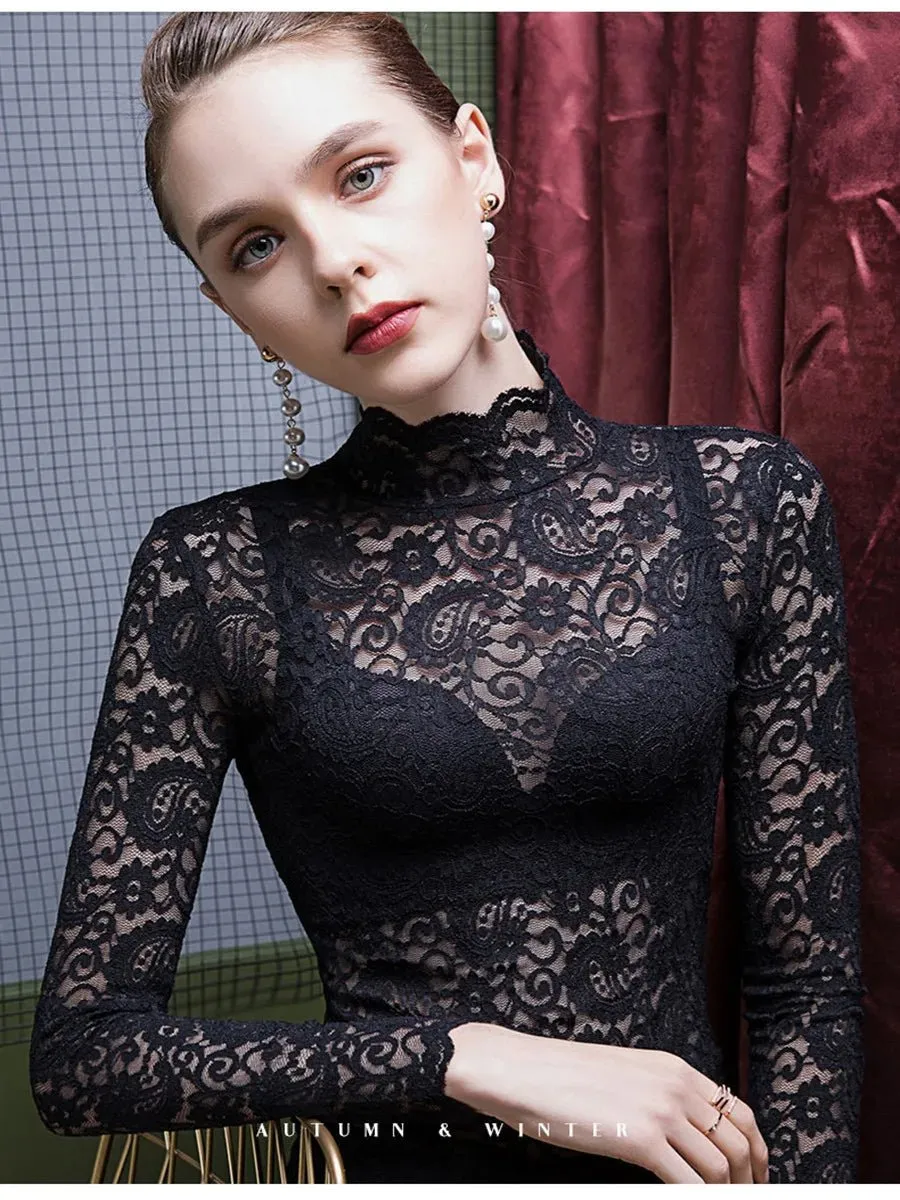 Women's Sexy Chiffon Turtleneck Pullover – Long Sleeve Lace Top for Spring & Summer