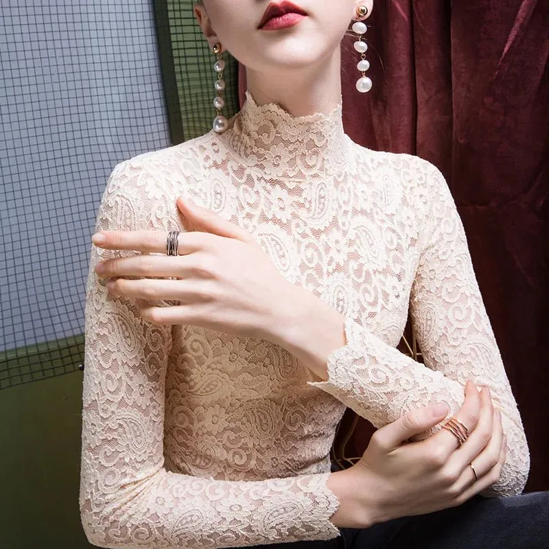 Women's Sexy Chiffon Turtleneck Pullover – Long Sleeve Lace Top for Spring & Summer