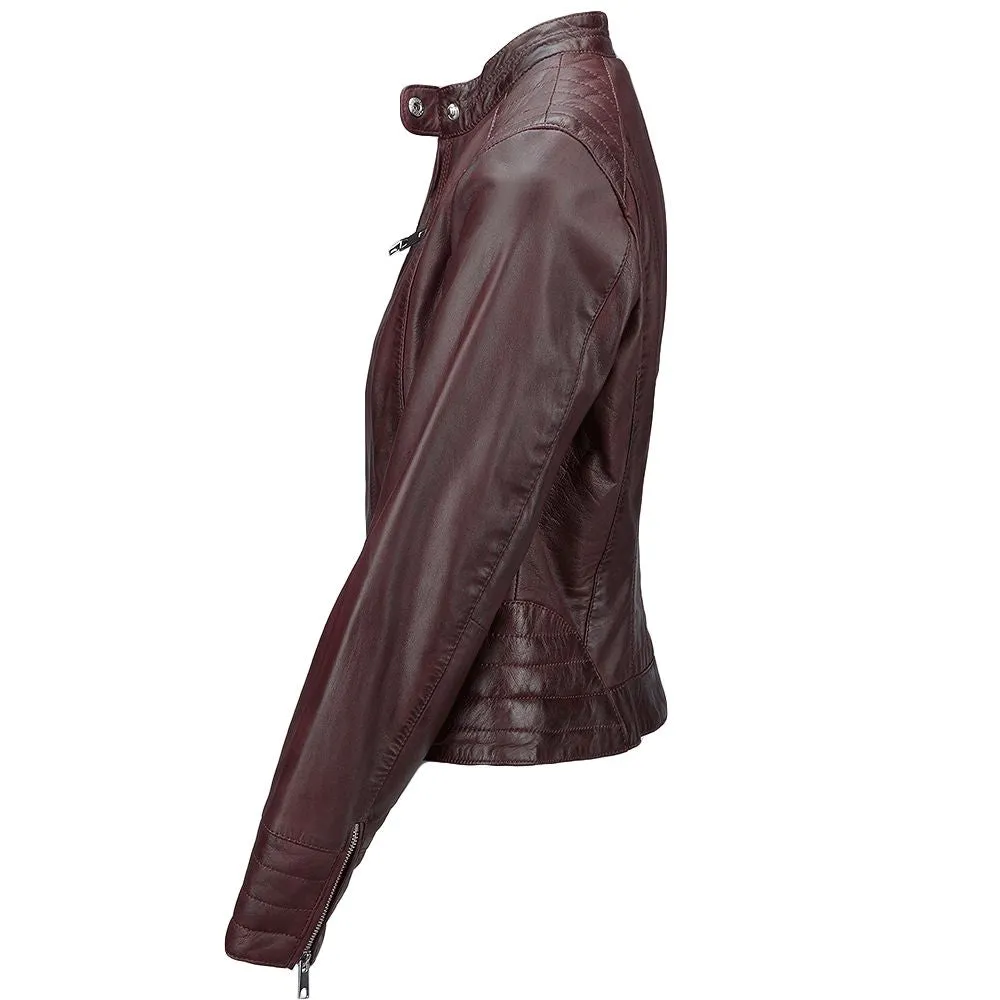 Women's Zippered Accents Burgundy Leather Jacket