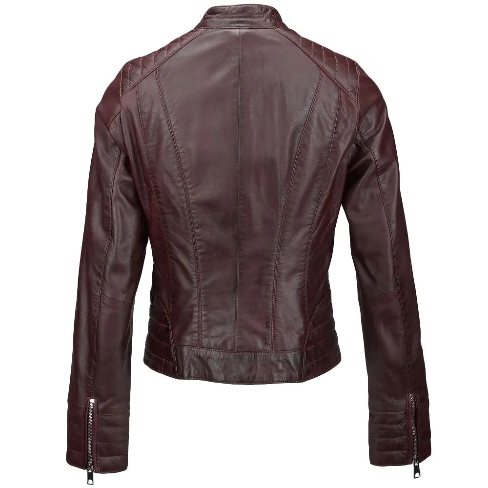 Women's Zippered Accents Burgundy Leather Jacket