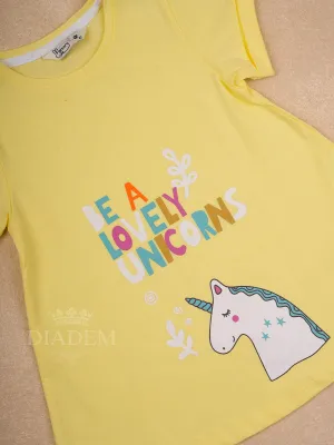 Yellow Cotton Half Sleeve T-Shirt with Unicorn Designs for Girls