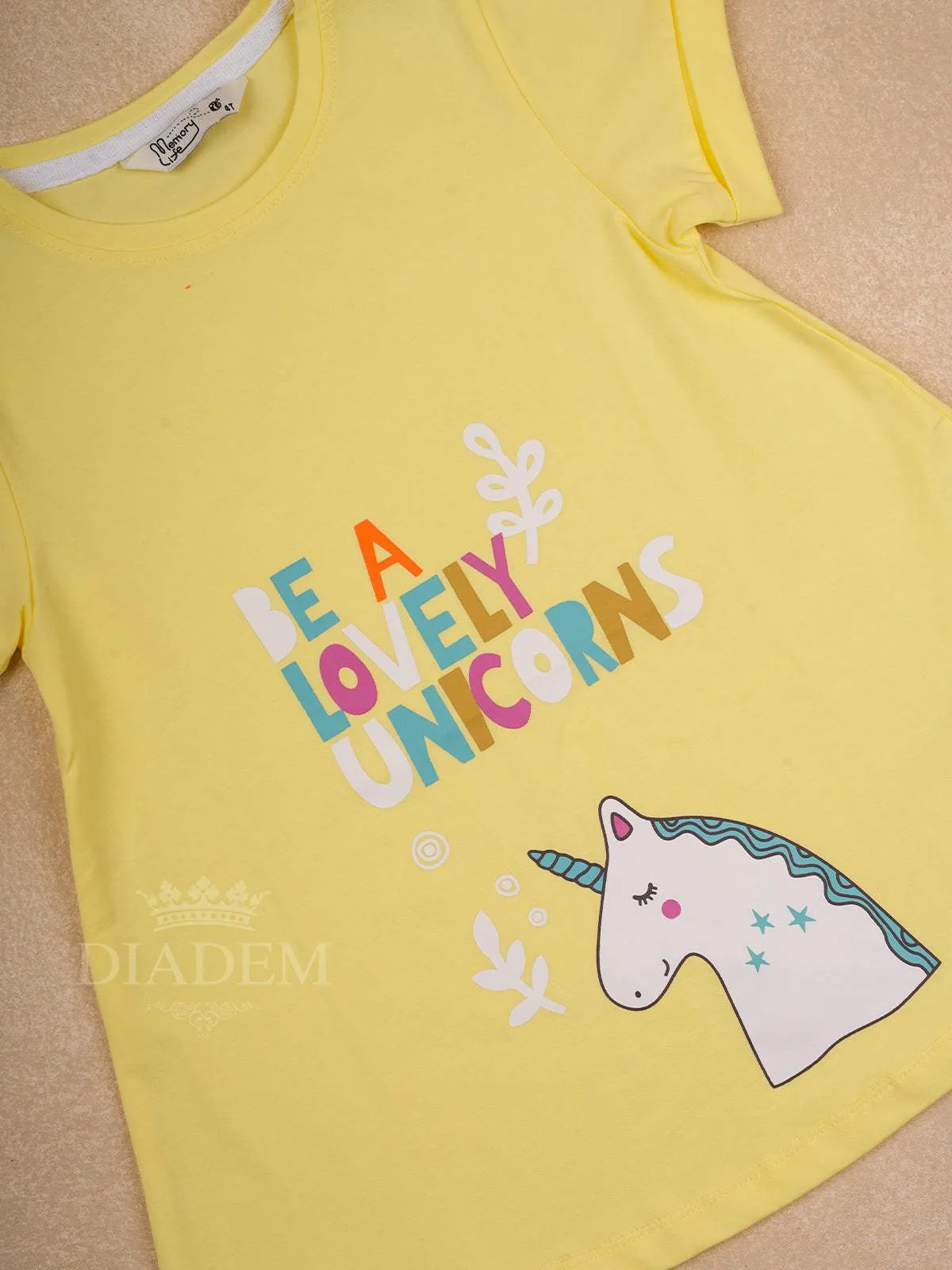 Yellow Cotton Half Sleeve T-Shirt with Unicorn Designs for Girls