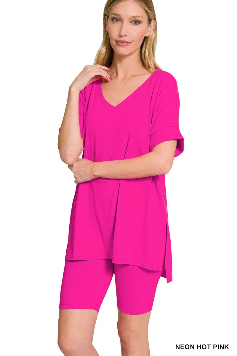 Zenana Brushed Microfiber V-neck Top & Biker Shorts-Variety Of Colors