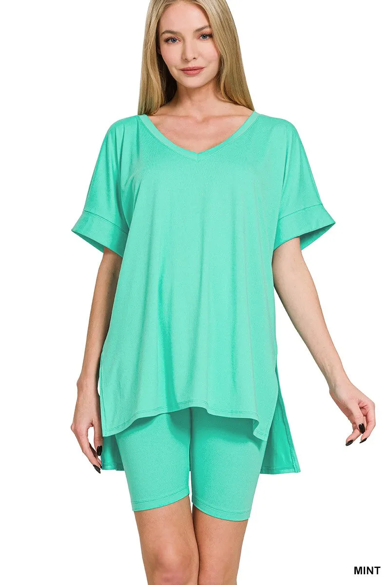 Zenana Brushed Microfiber V-neck Top & Biker Shorts-Variety Of Colors