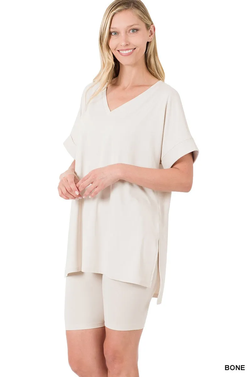 Zenana Brushed Microfiber V-neck Top & Biker Shorts-Variety Of Colors