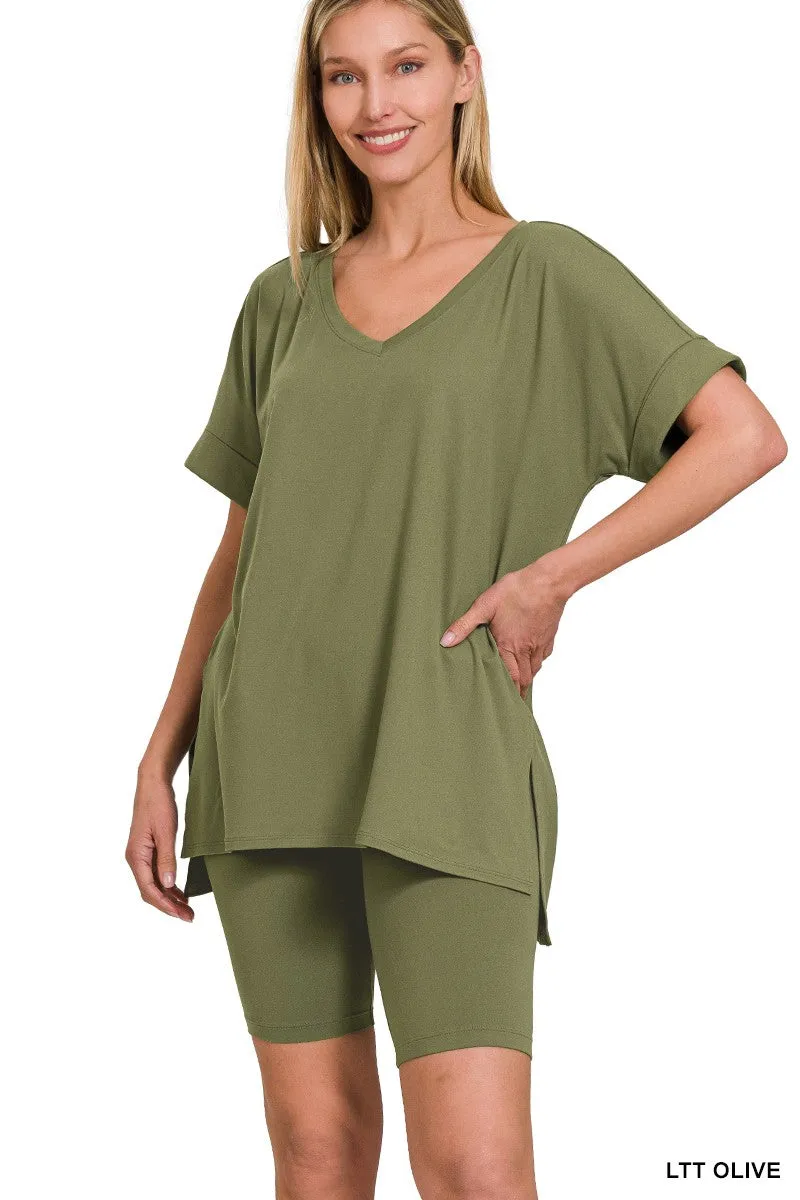 Zenana Brushed Microfiber V-neck Top & Biker Shorts-Variety Of Colors
